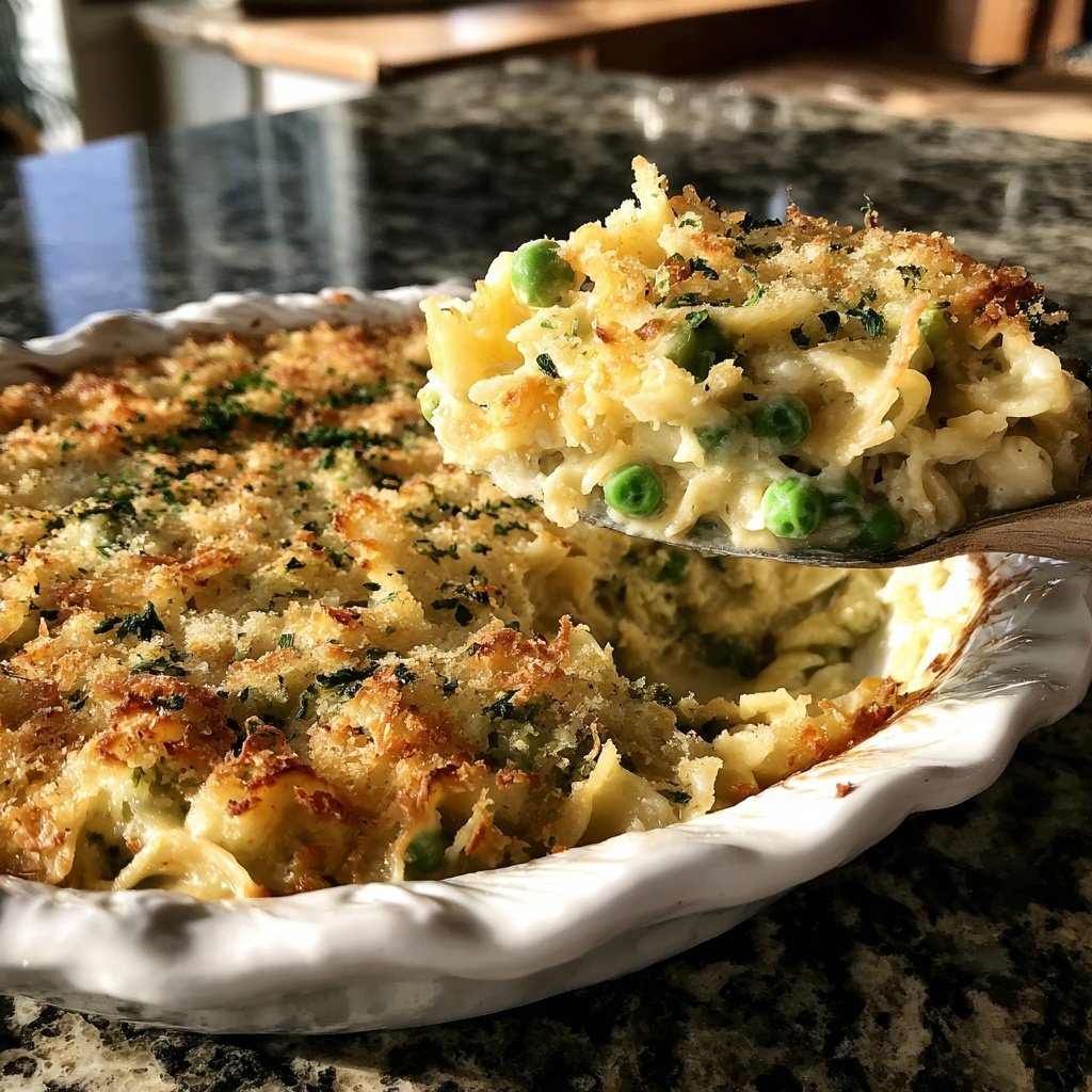 Vegetarischer Nudelauflauf mit Brokkoli und Erbsen