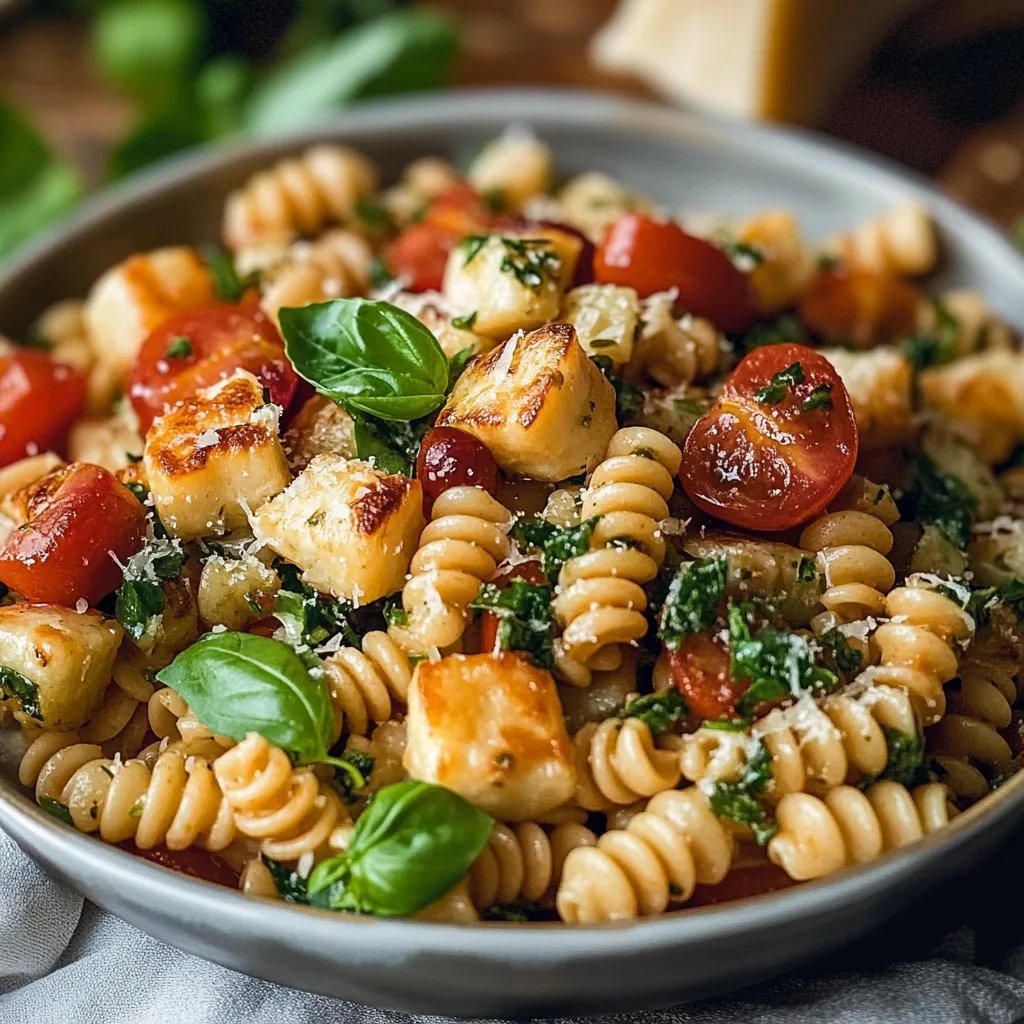 Farbenfrohe Halloumi-Pasta-Salat